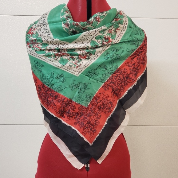 Accessories - Vintage Silk 32" x 36" Wrap Around Scarf Green Red